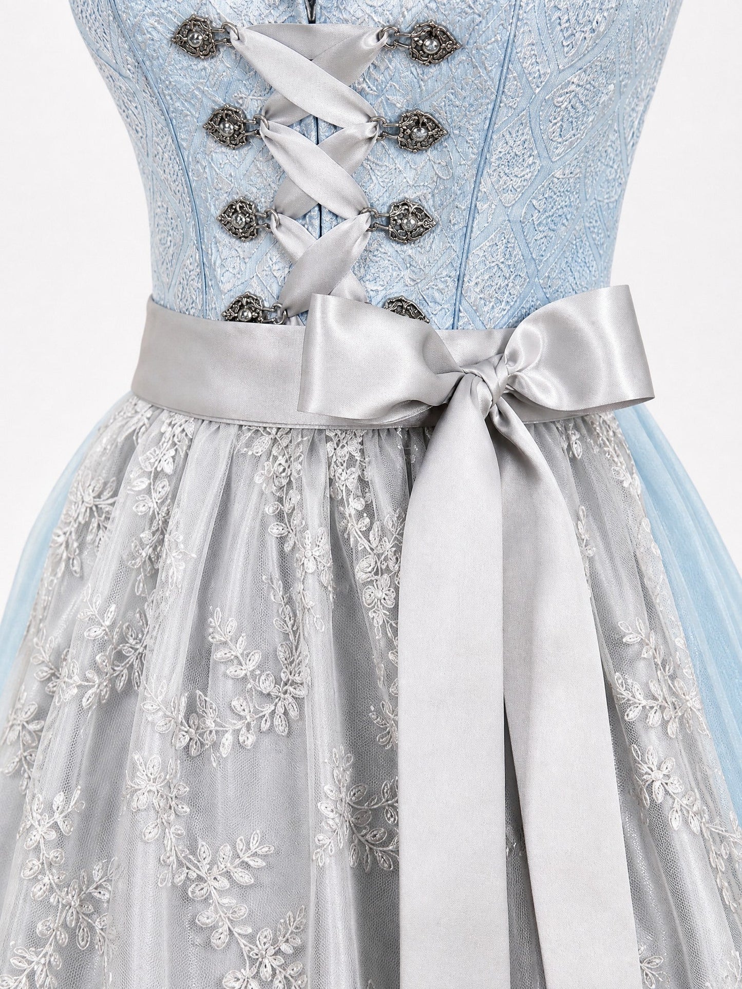 Dirndl Bella in Eisblau mit Perlgrau Schürze - Detailansicht Taille und Schleife