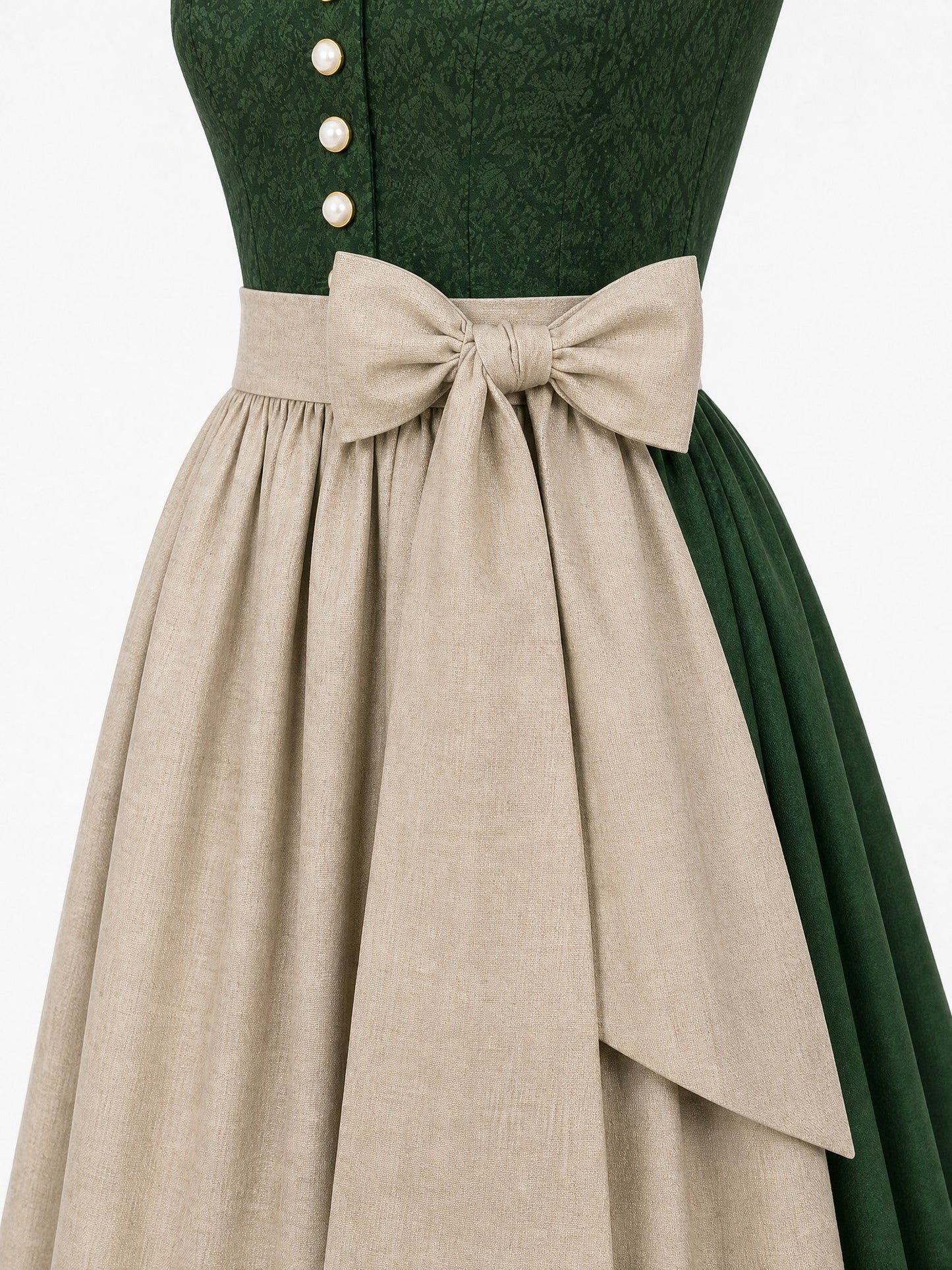 Dirndl Leonie in Waldgrün mit Haferbeige Schürze - Detailansicht Taille und Schleife