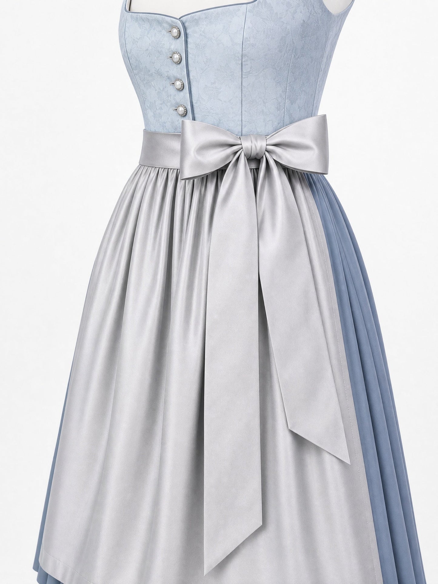 Dirndl Luisa in Puderblau mit Silber Schürze - Detailansicht Taille und Schleife