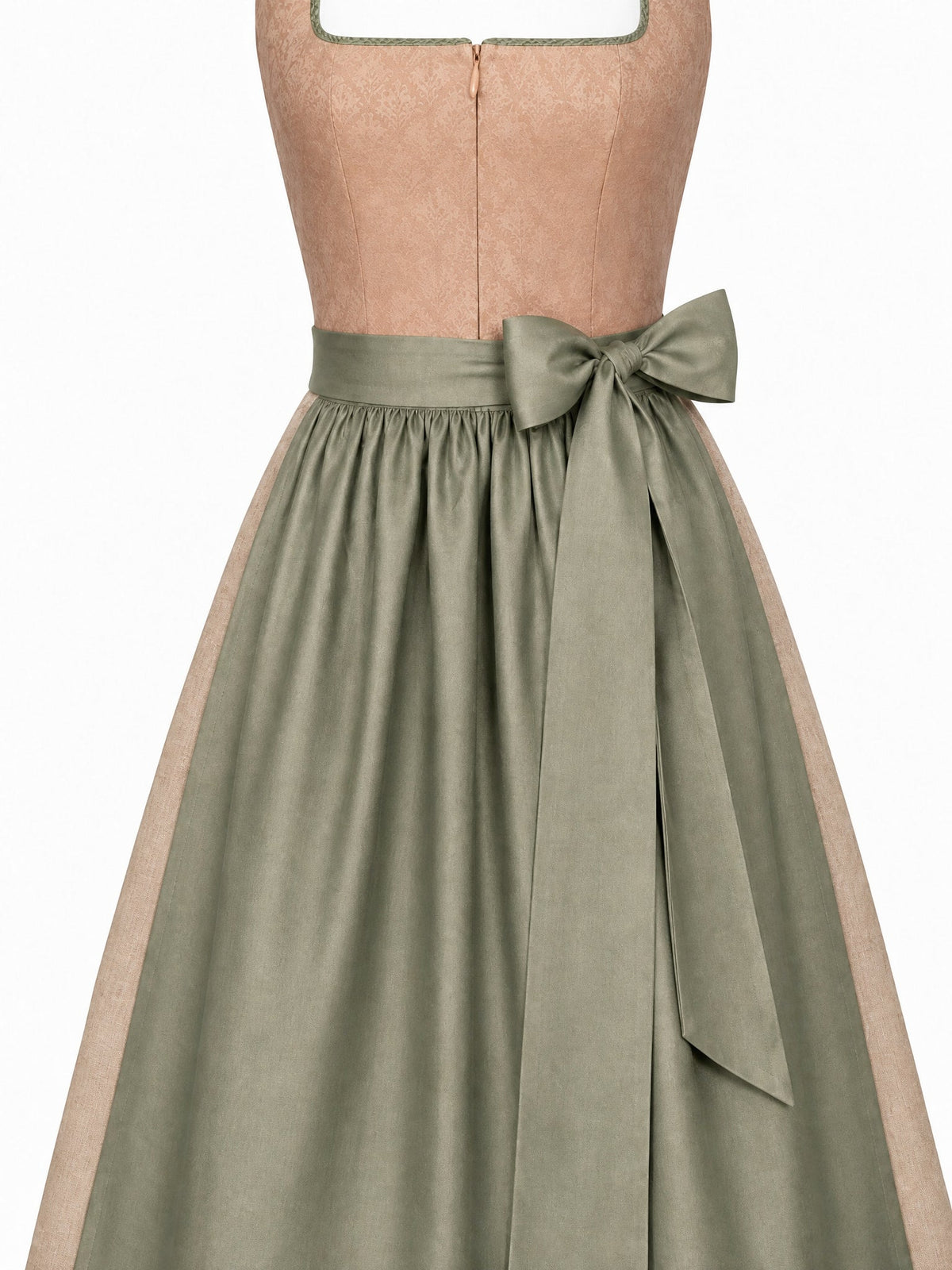 Dirndl Carla in Tonbeige mit Eukalyptusgrün Schürze - Detailansicht Taille und Schleife