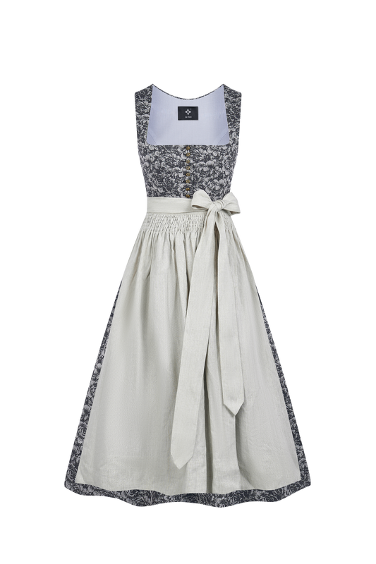 Rosalie Mit Schwarze Und Weisse Blumen | Dirndl für Damen | Grau | Gerader Ausschnitt