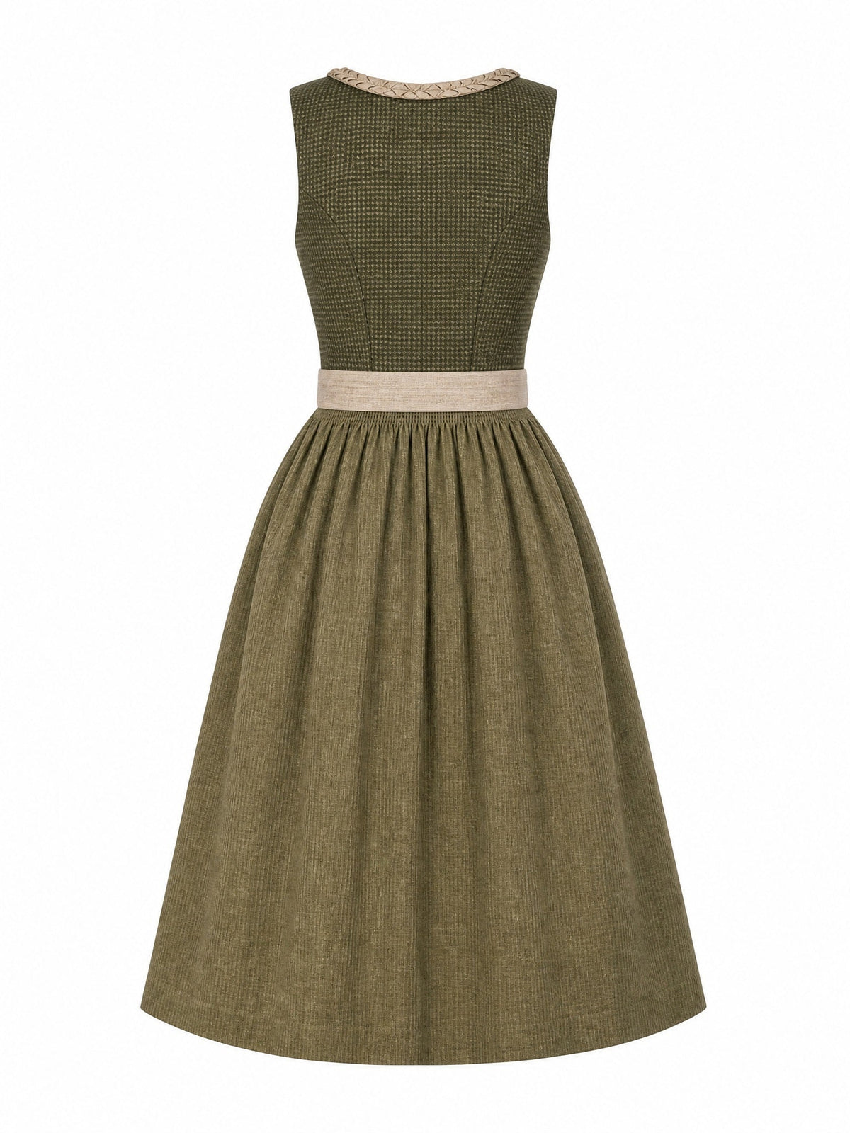 Dirndl Carolin in Dunkeloliv mit Flachs Schürze - Rückansicht