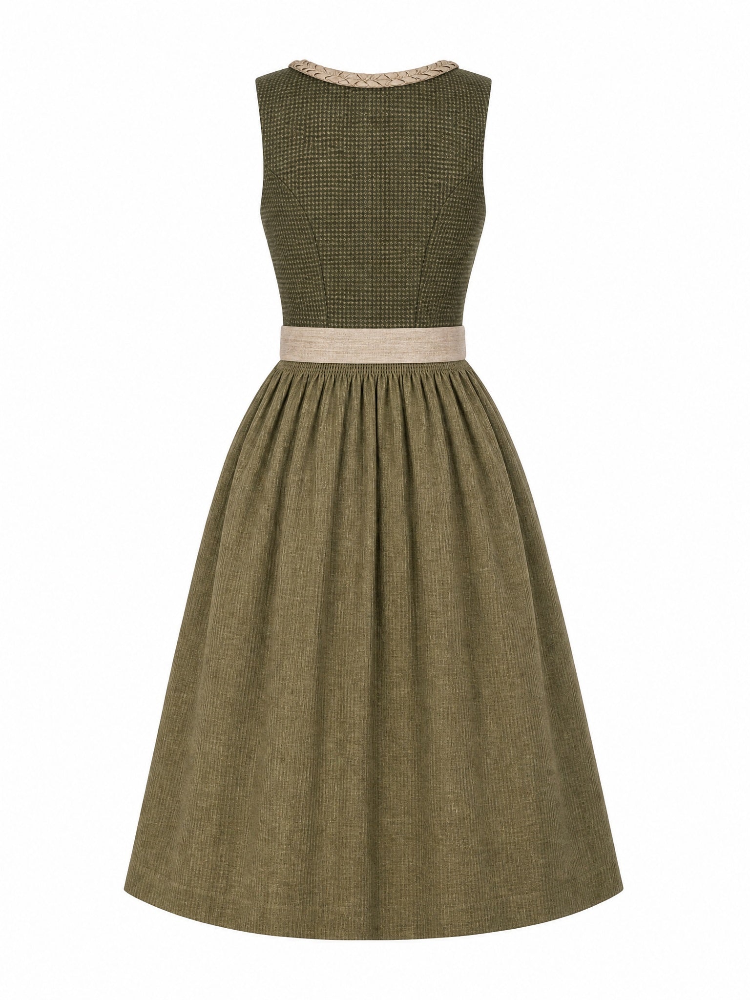Dirndl Carolin in Dunkeloliv mit Flachs Schürze - Rückansicht