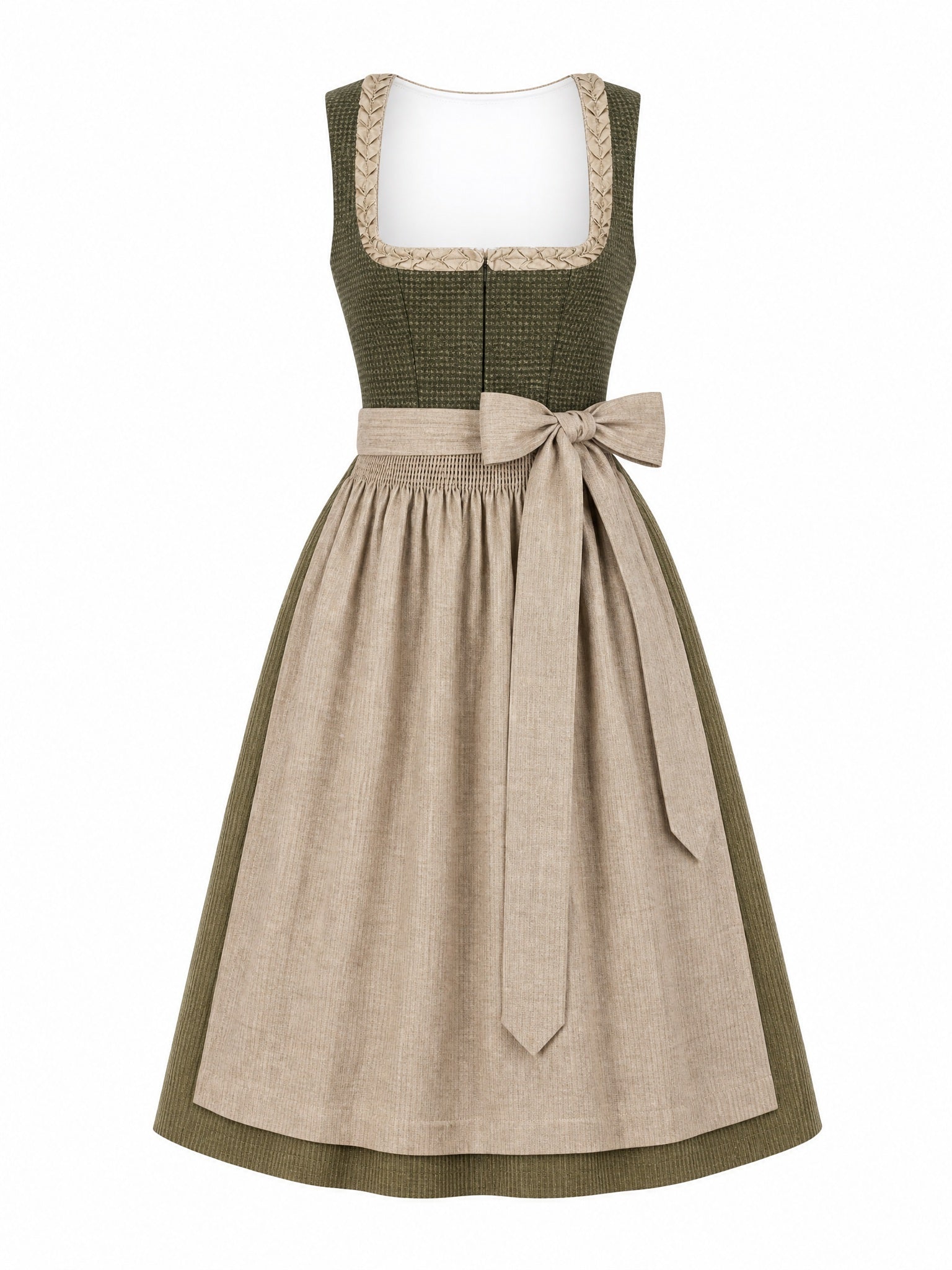 Dirndl Carolin in Dunkeloliv mit Flachs Schürze - Vorderansicht