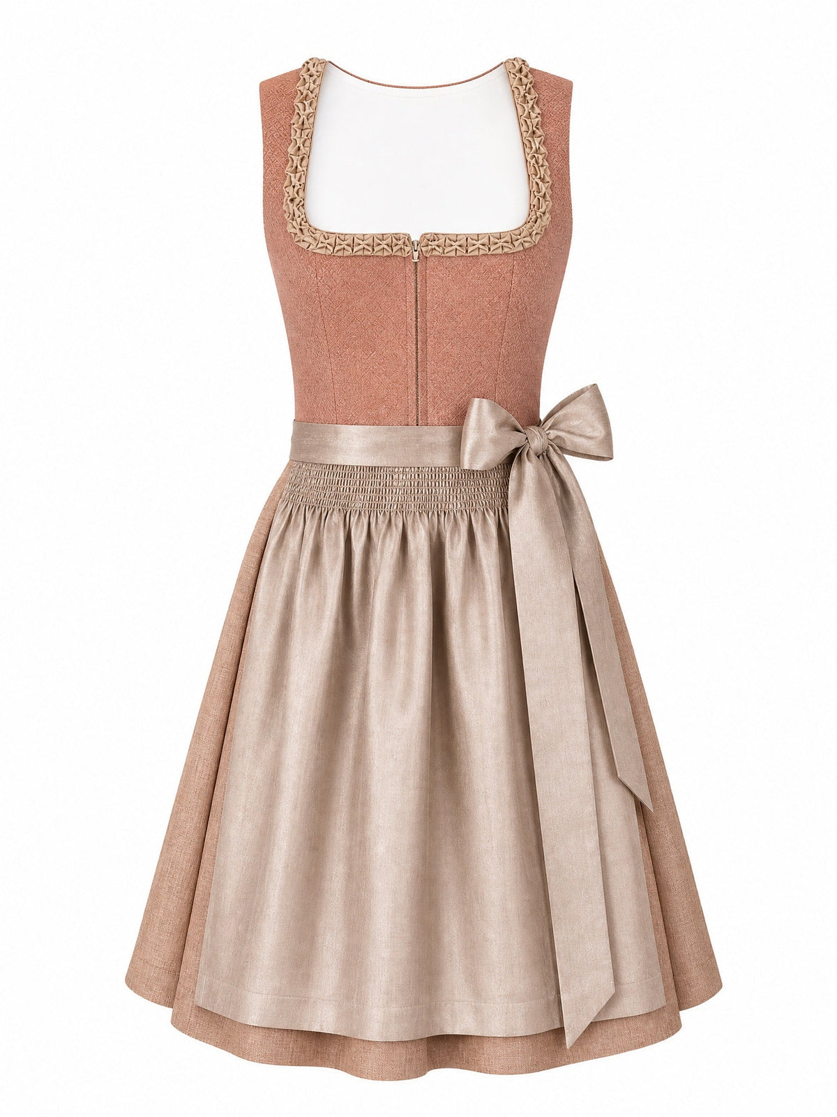 Dirndl Emilia in Terrakotta-Rosé mit Flachs Schürze - Vorderansicht