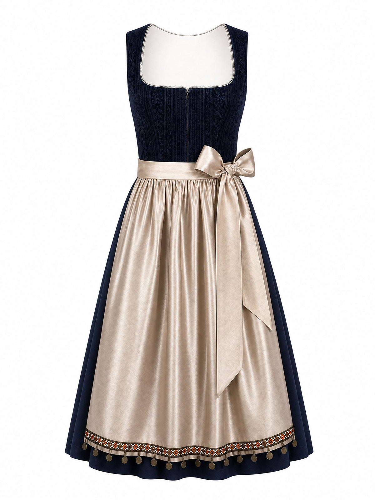 Dirndl Greta in Mitternachtsblau mit Champagner Schürze - Vorderansicht