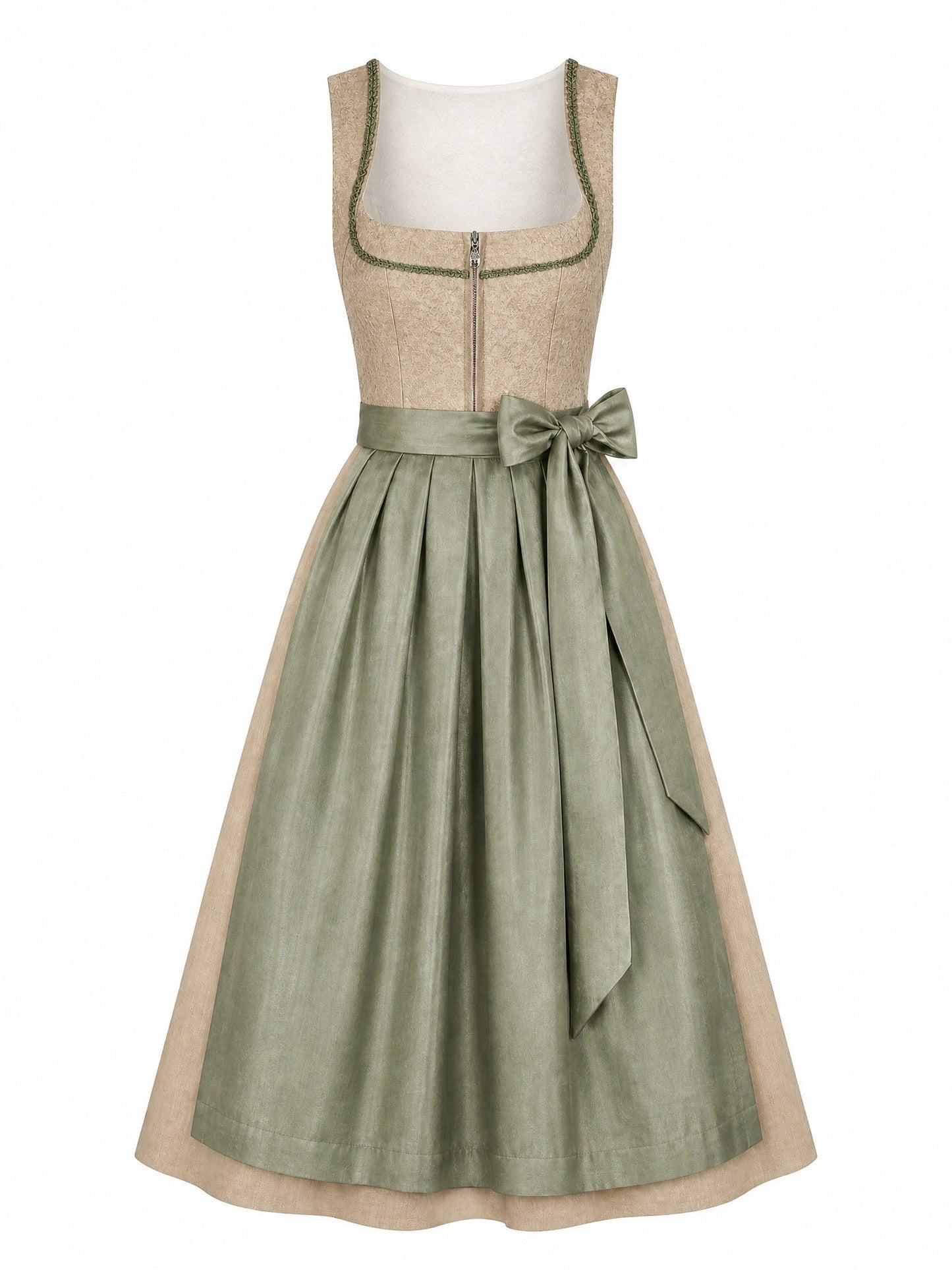 Dirndl Lena in Tonbeige mit Eukalyptusgrün Schürze - Vorderansicht