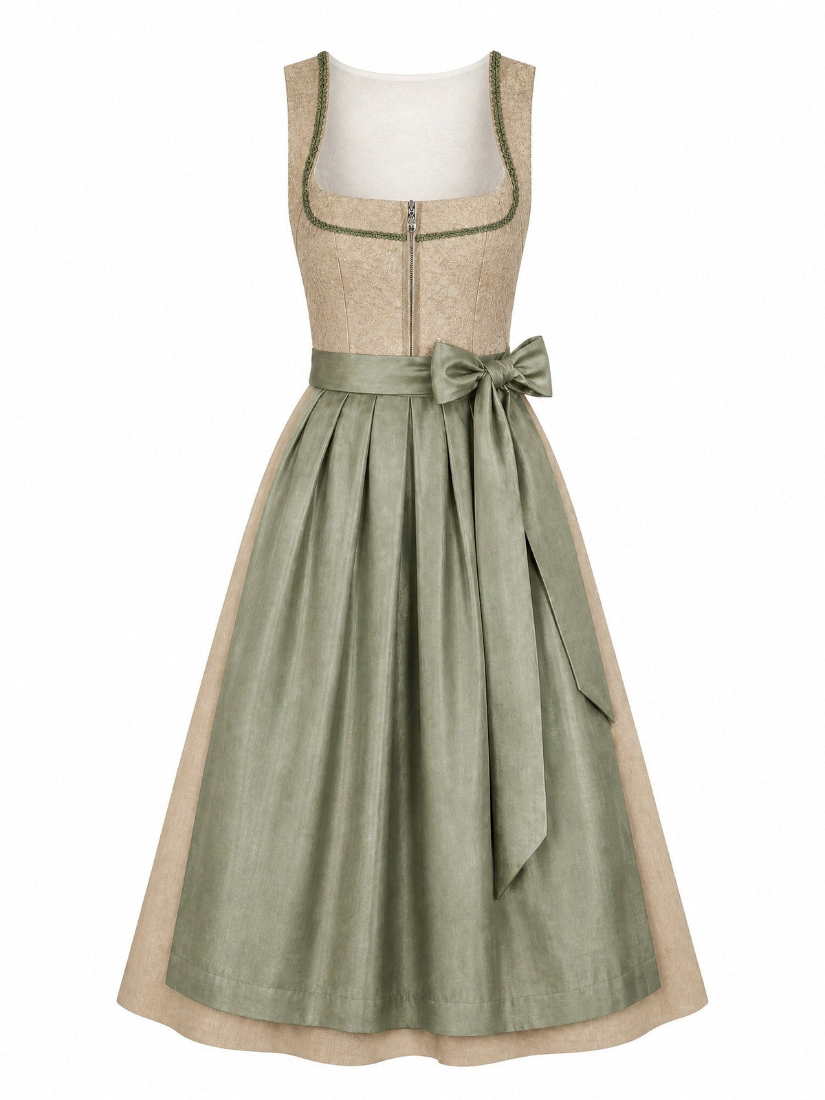 Dirndl Lena in Tonbeige mit Eukalyptusgrün Schürze - Vorderansicht