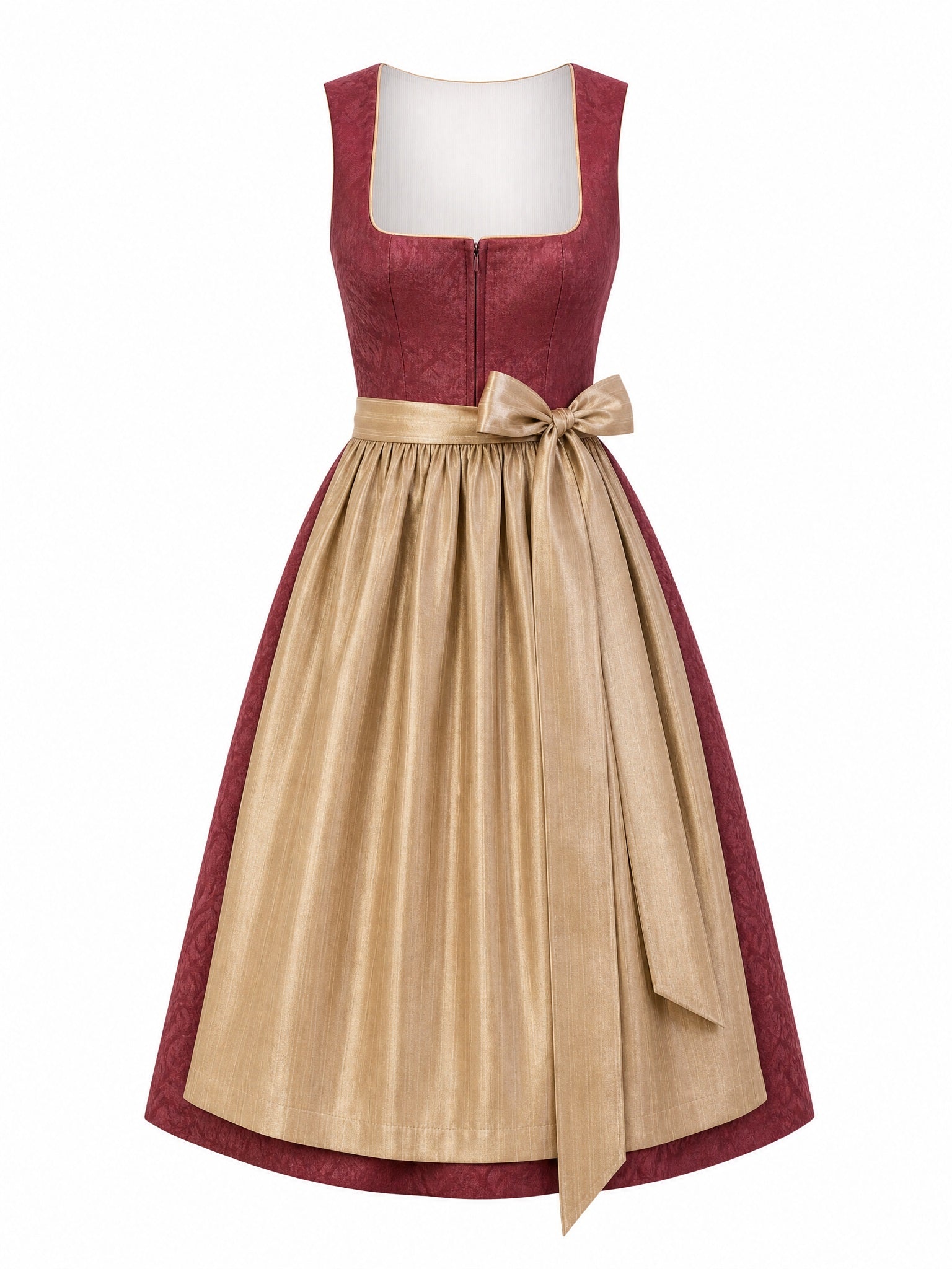 Dirndl Rica in Cranberryrot mit Antikgold Schürze - Vorderansicht