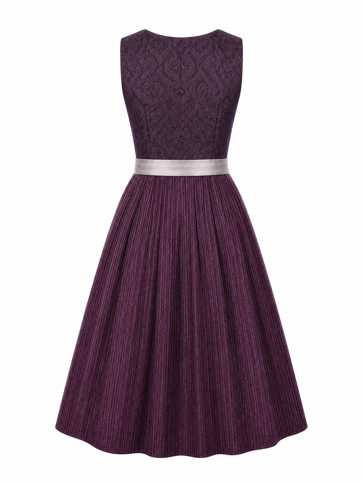 Dirndl Anika in Aubergine mit Perlgrau Schürze - Rückansicht