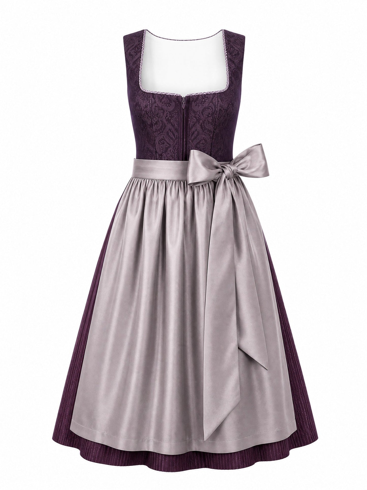Dirndl Anika in Aubergine mit Perlgrau Schürze - Vorderansicht