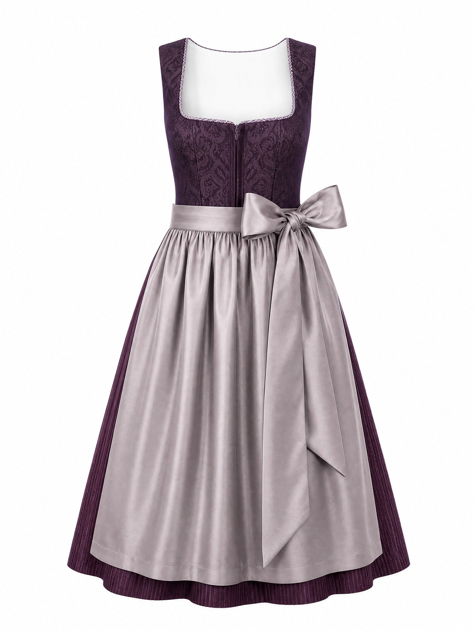 Dirndl Anika in Aubergine mit Perlgrau Schürze - Vorderansicht