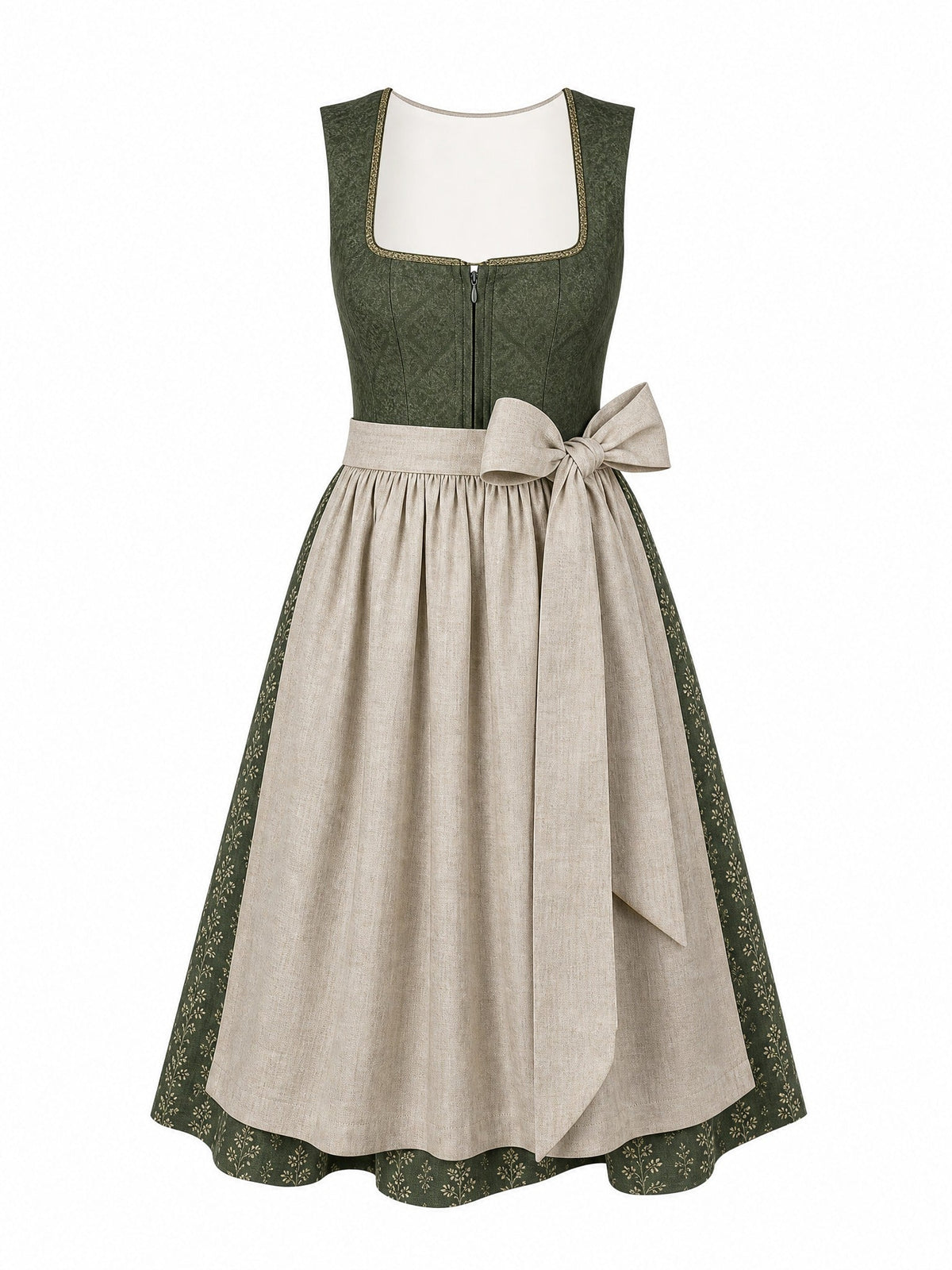 Dirndl Anna in Waldgrün mit Haferbeige Schürze - Vorderansicht