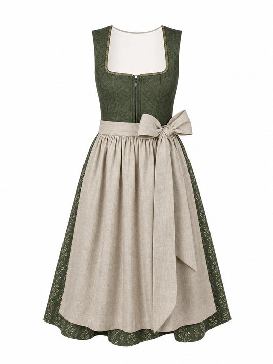 Dirndl Anna in Waldgrün mit Haferbeige Schürze - Vorderansicht