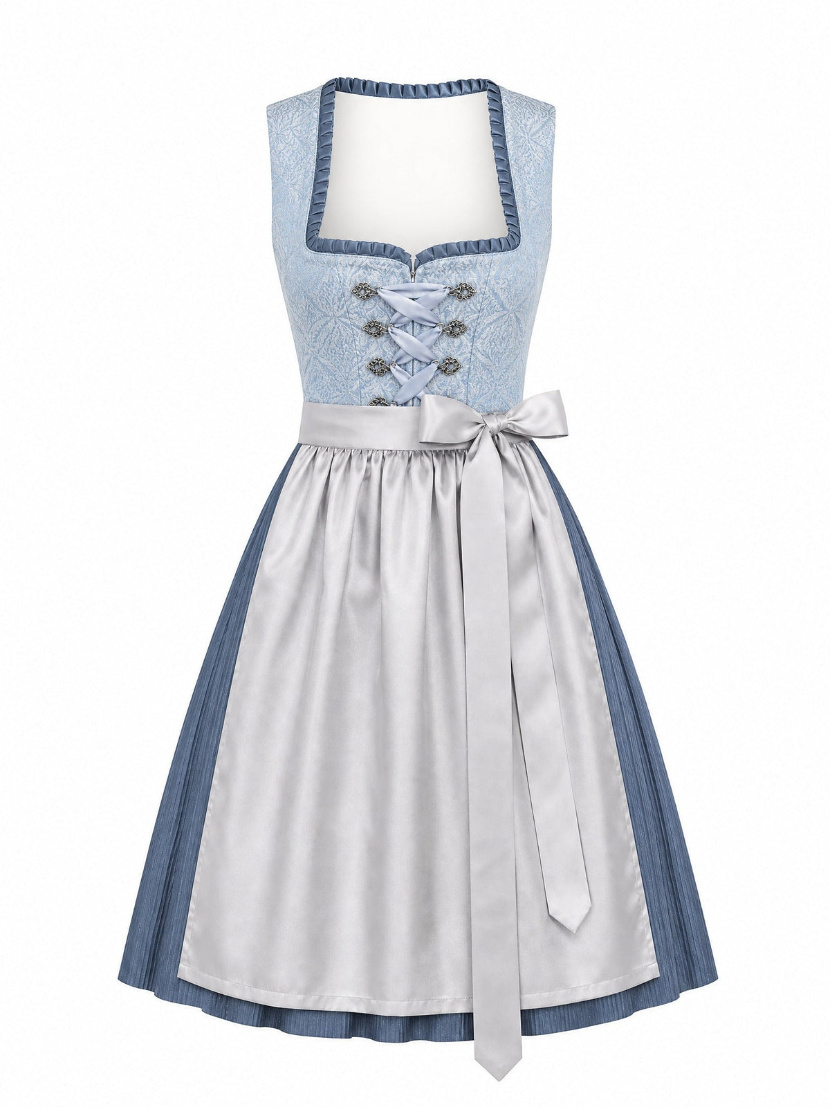 Dirndl Bea in Puderblau mit Silber Schürze - Vorderansicht