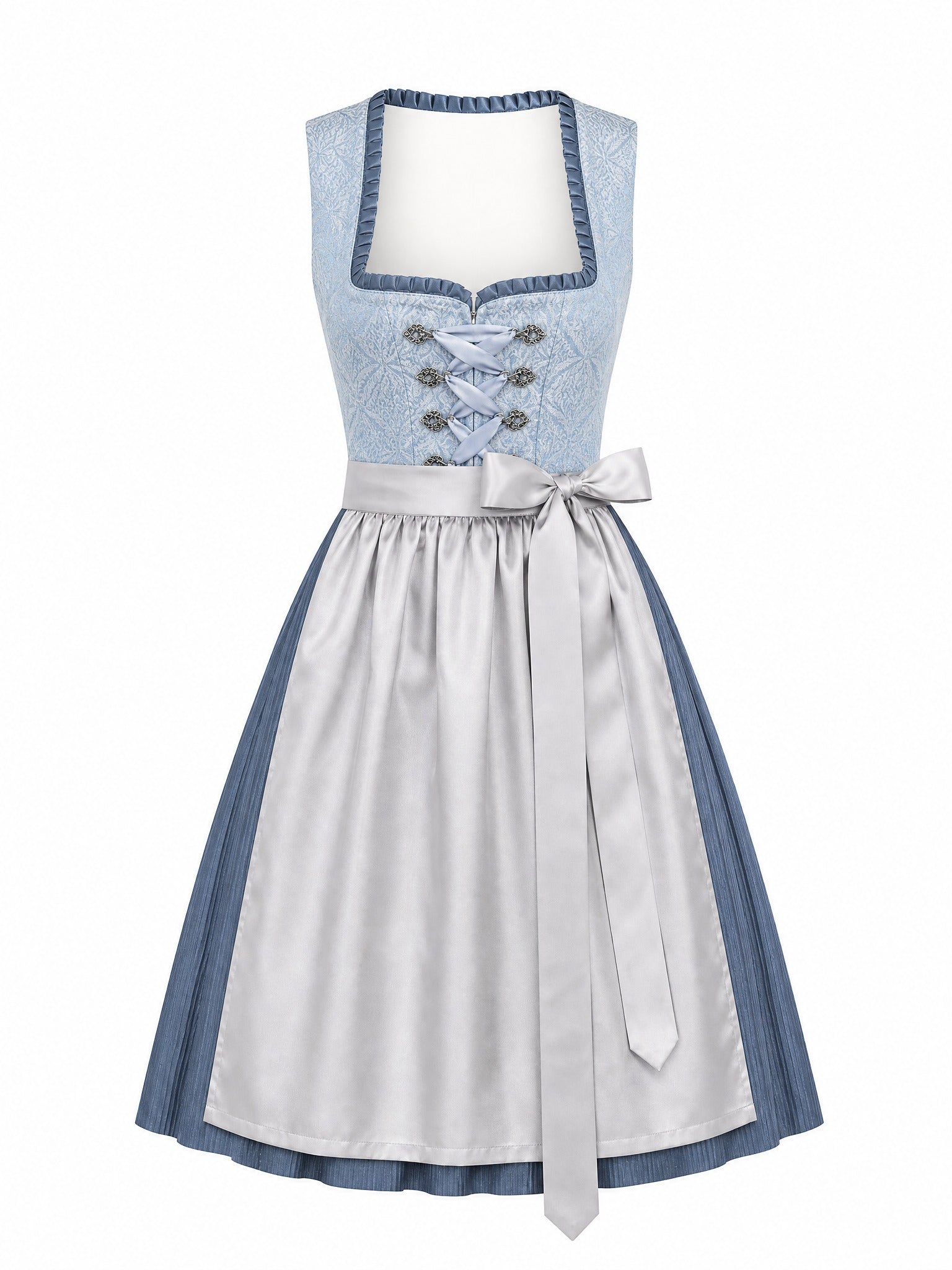 Dirndl Bea in Puderblau mit Silber Schürze - Vorderansicht