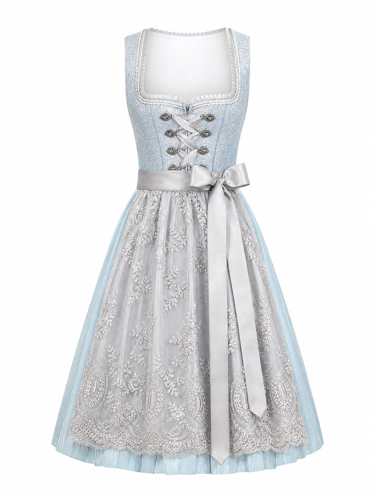 Dirndl Bella in Eisblau mit Perlgrau Schürze - Vorderansicht