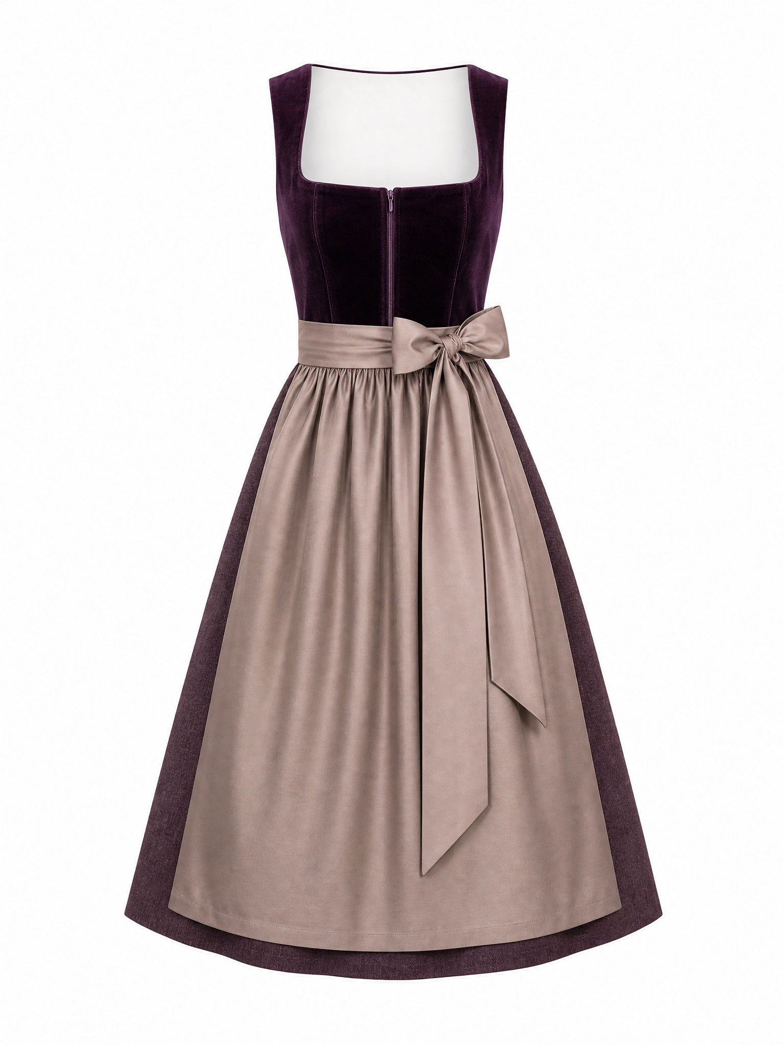 Dirndl Isabel in Brombeere mit Taupe Schürze - Vorderansicht