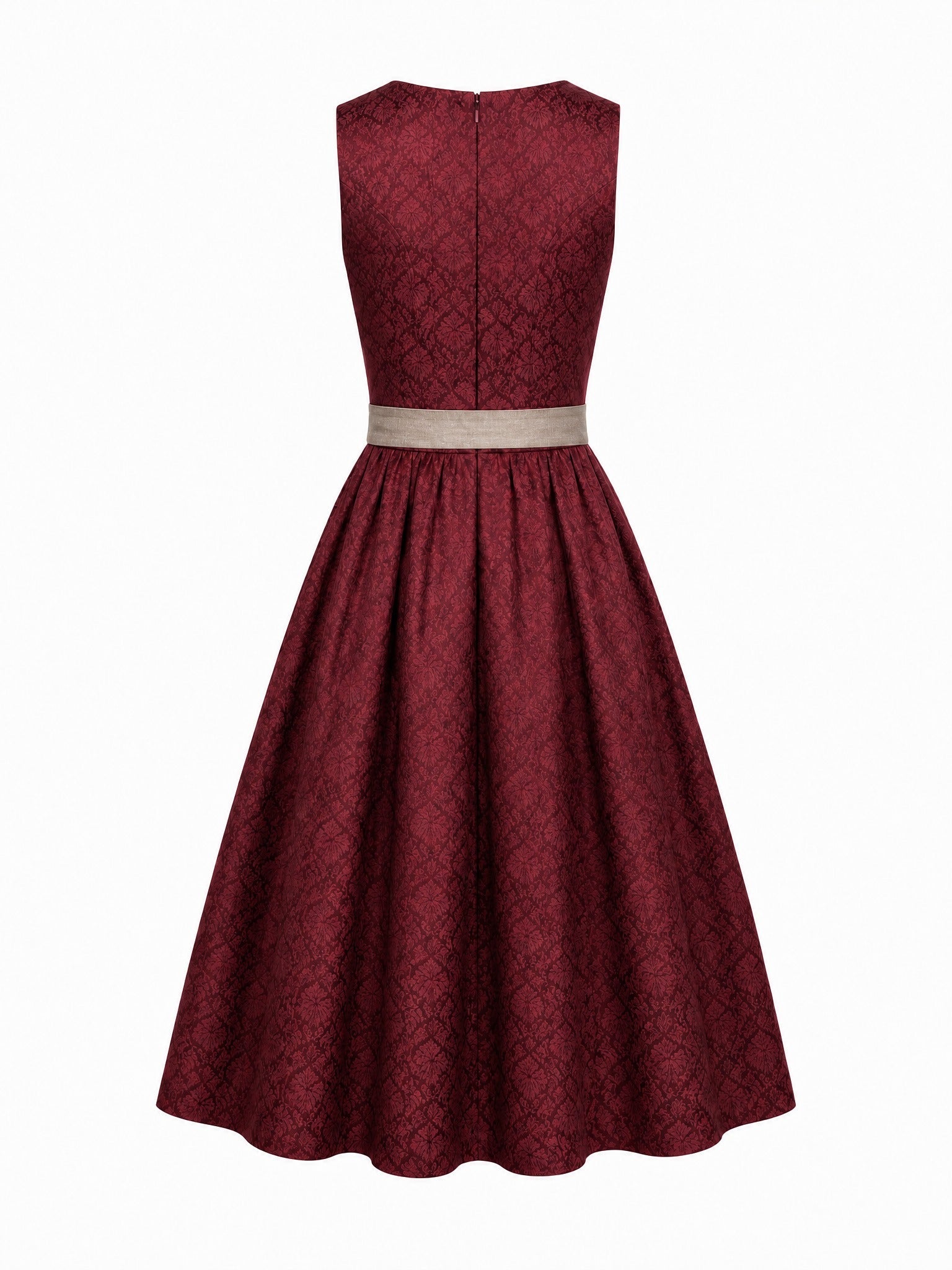 Dirndl Leonie in Weinrot mit Taupe Schürze - Rückansicht