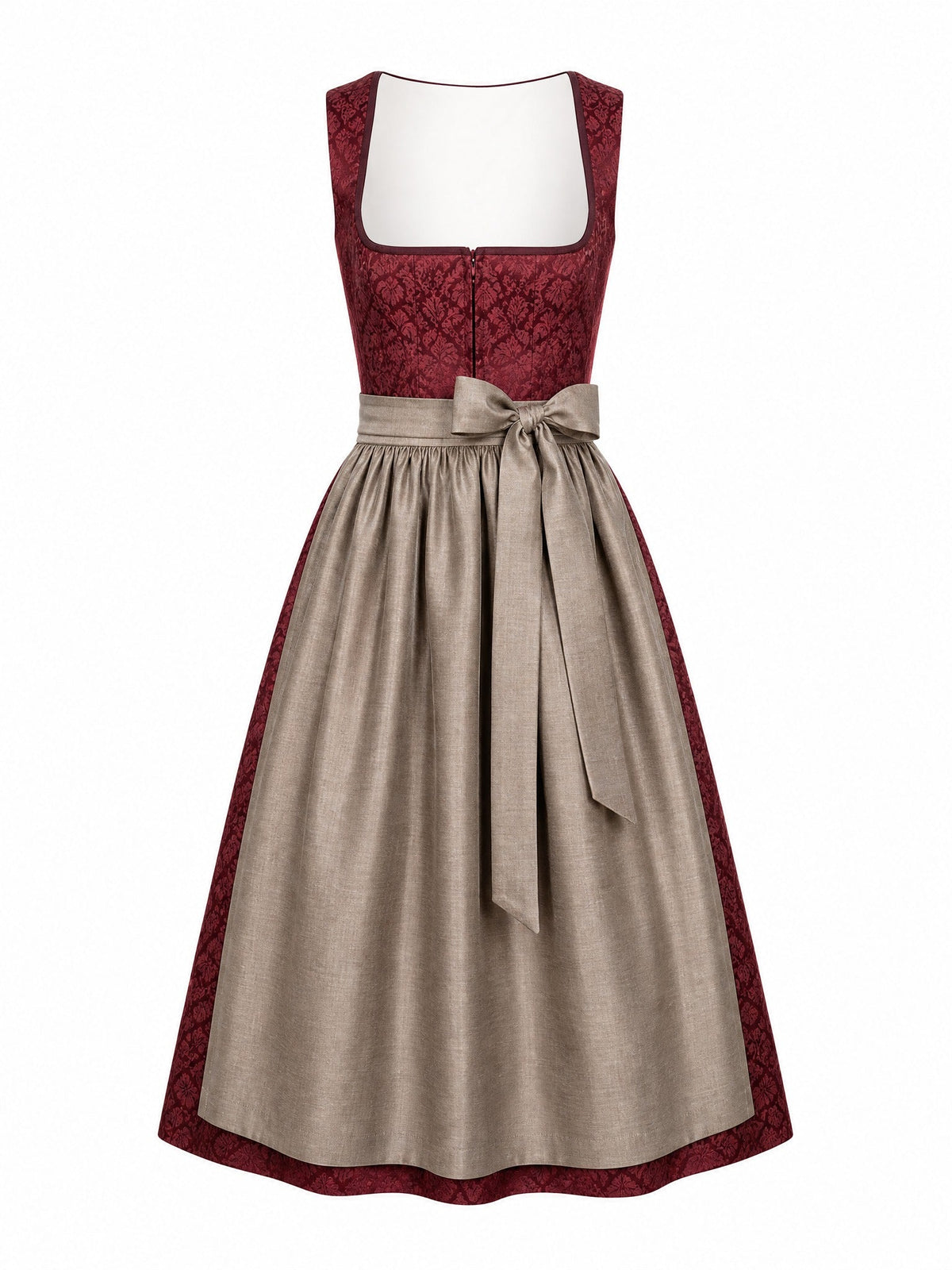 Dirndl Leonie in Weinrot mit Taupe Schürze - Vorderansicht