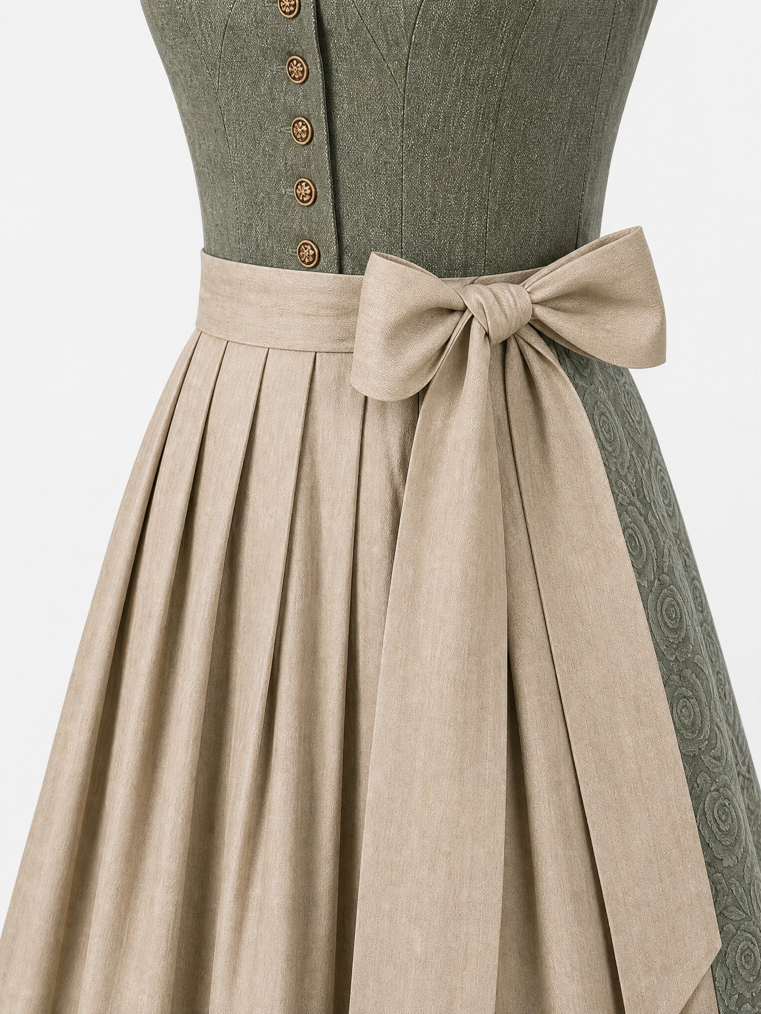 Dirndl Aurelia in Mineralgrün mit Elfenbein Schürze - Detailansicht Taille und Schleife
