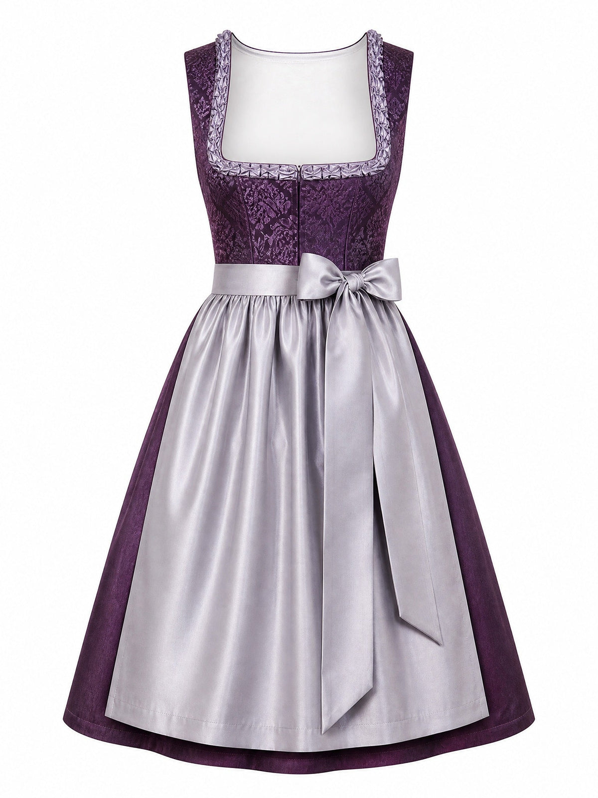 Dirndl Clara in Aubergine mit Perlgrau Schürze - Vorderansicht