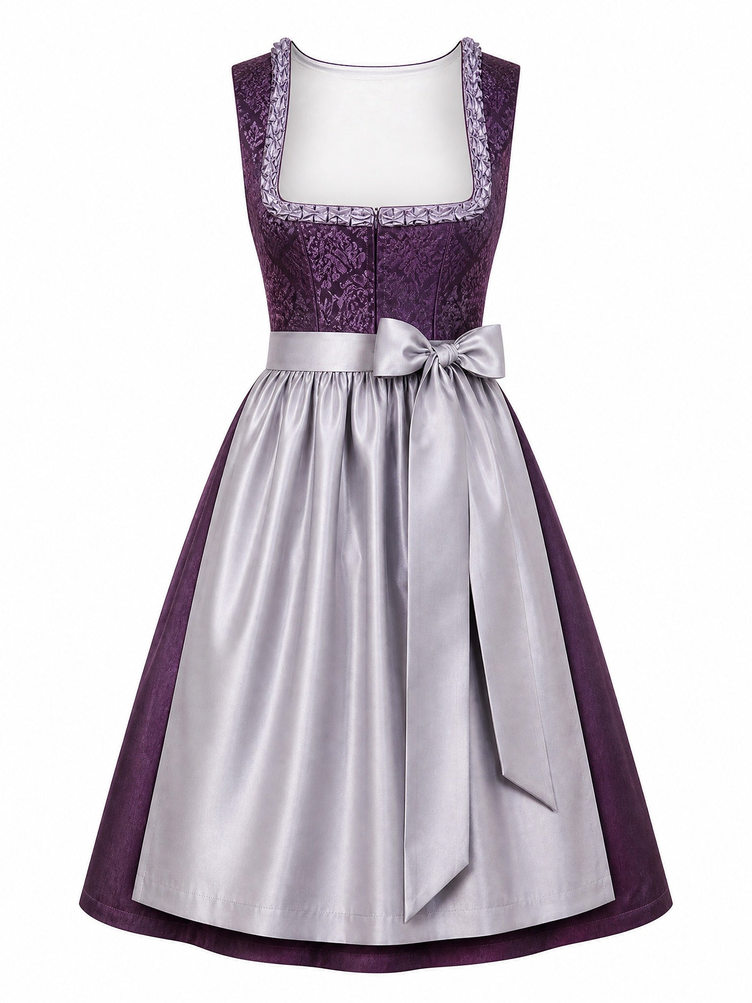 Dirndl Clara in Aubergine mit Perlgrau Schürze - Vorderansicht