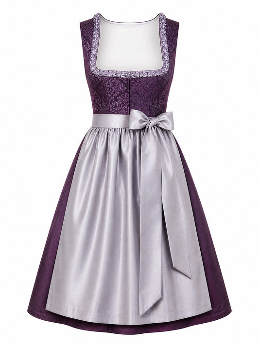 Dirndl Clara in Aubergine mit Perlgrau Schürze - Vorderansicht