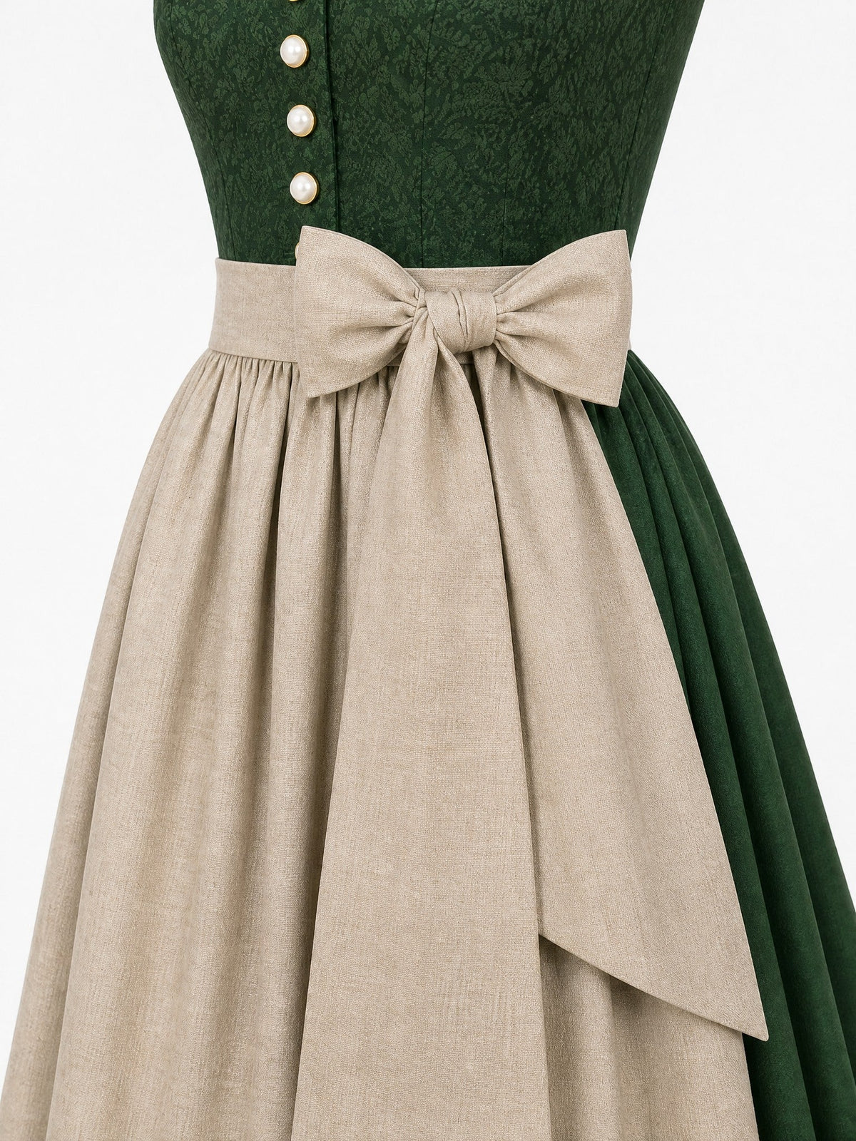 Dirndl Leonie in Waldgrün mit Haferbeige Schürze - Detailansicht Taille und Schleife