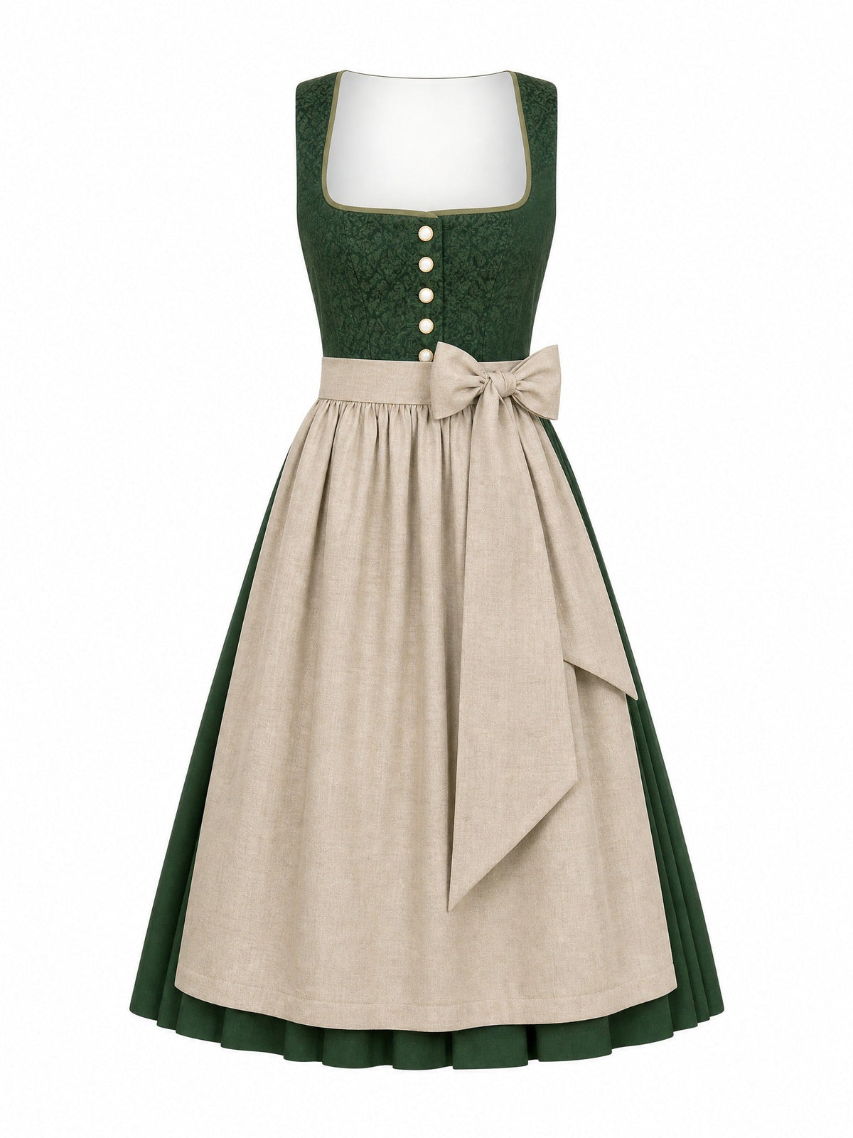 Dirndl Leonie in Waldgrün mit Haferbeige Schürze - Vorderansicht