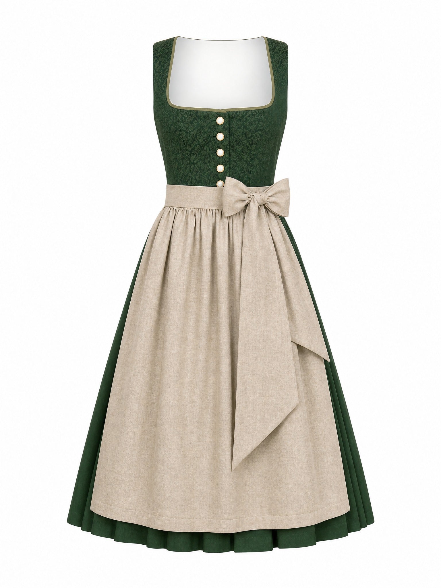 Dirndl Leonie in Waldgrün mit Haferbeige Schürze - Vorderansicht