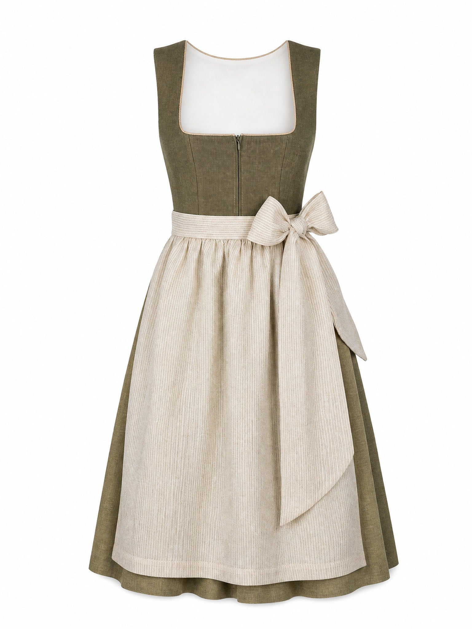 Dirndl Vivien in Dunkeloliv mit Flachs Schürze - Vorderansicht