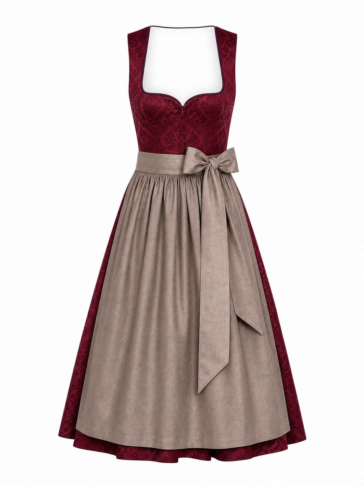 Dirndl Annika in Weinrot mit Taupe Schürze - Vorderansicht