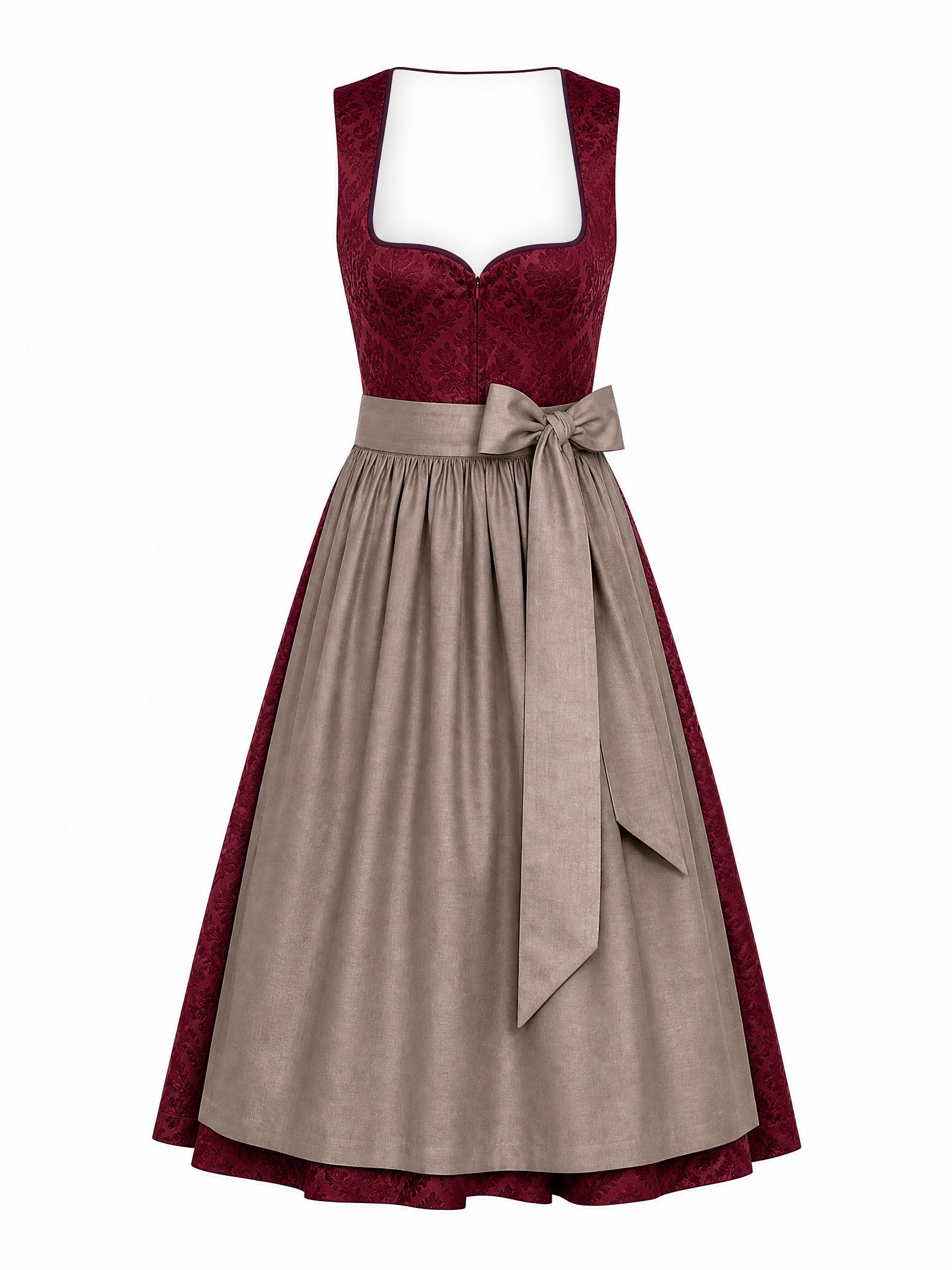 Dirndl Annika in Weinrot mit Taupe Schürze - Vorderansicht