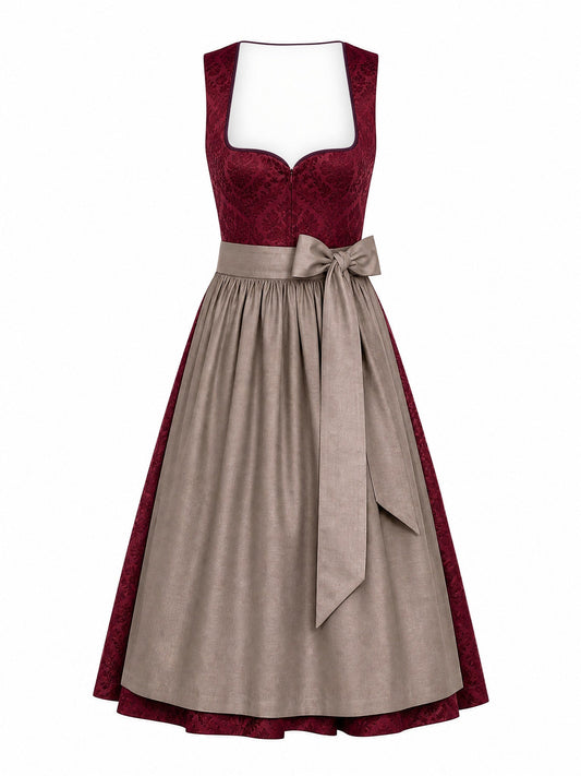Dirndl Annika in Weinrot mit Taupe Schürze - Vorderansicht