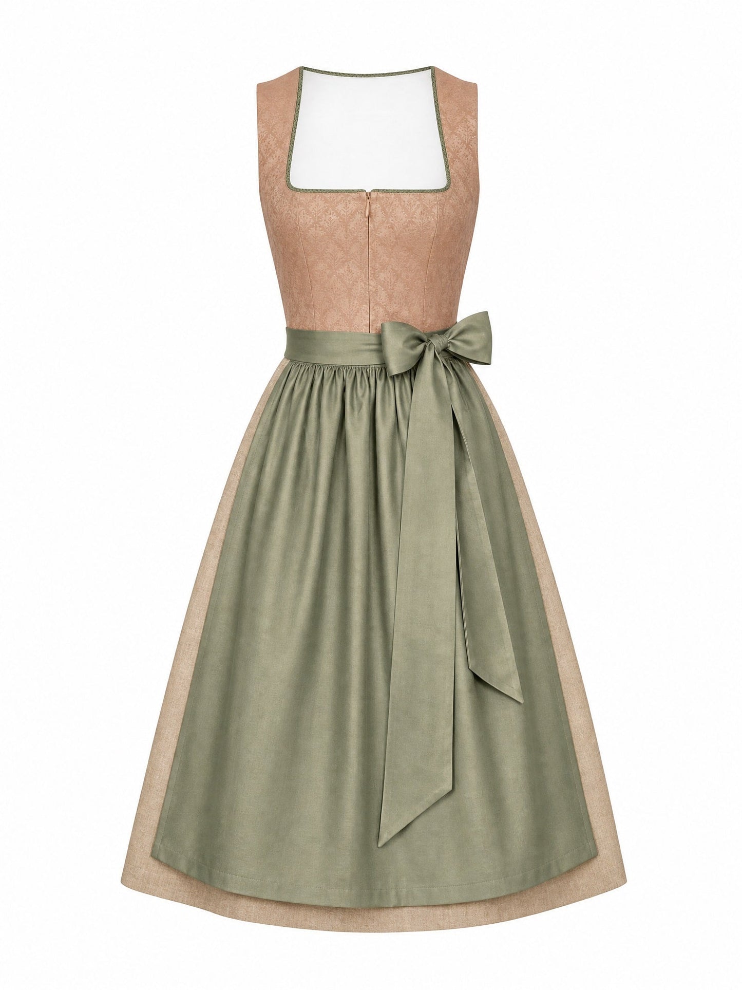 Dirndl Carla in Tonbeige mit Eukalyptusgrün Schürze - Vorderansicht