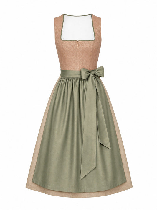 Dirndl Carla in Tonbeige mit Eukalyptusgrün Schürze - Vorderansicht