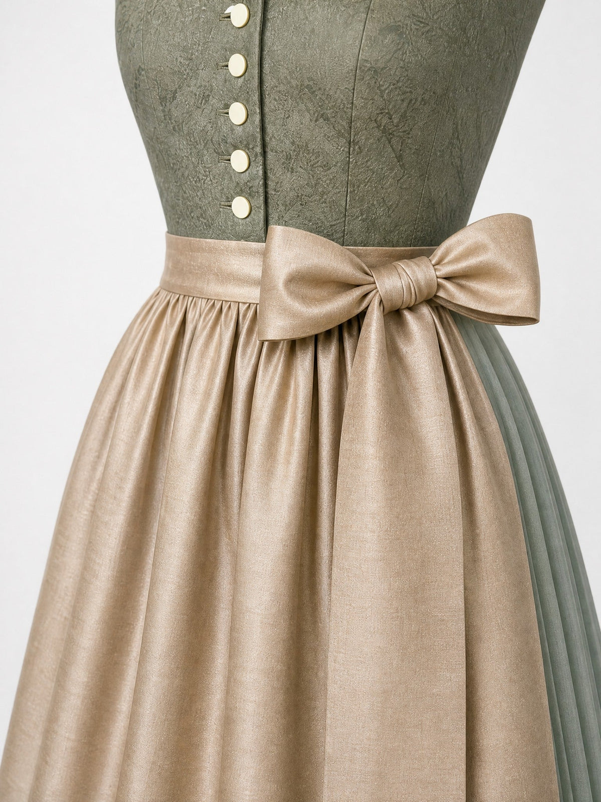 Dirndl Greta in Moosgrün mit Warmer Sand Schürze - Detailansicht Taille und Schleife
