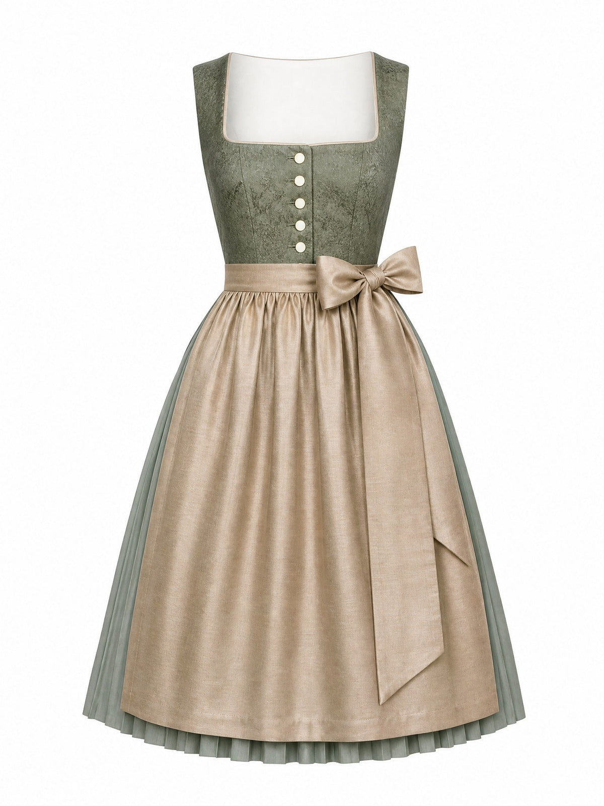 Dirndl Greta in Moosgrün mit Warmer Sand Schürze - Vorderansicht