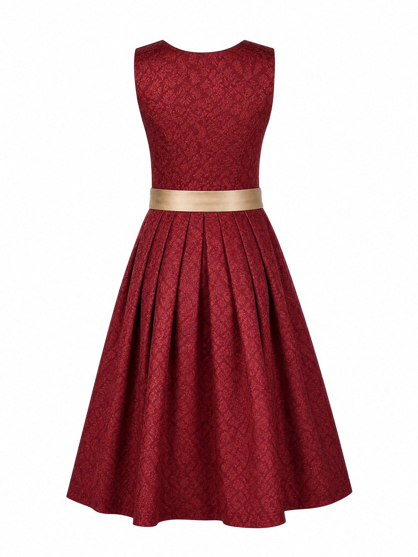 Dirndl Isabel in Cranberryrot mit Antikgold Schürze - Rückansicht
