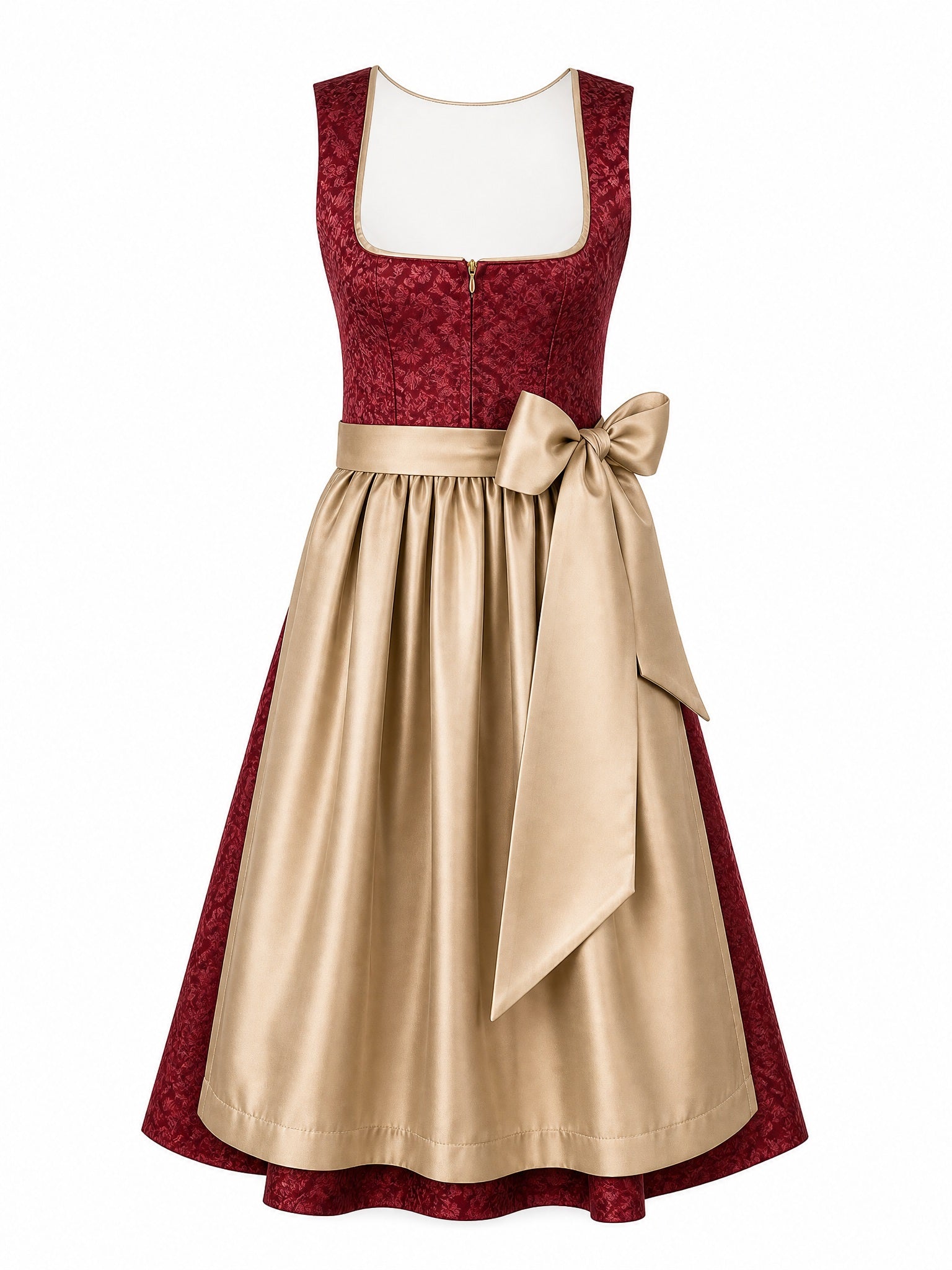 Dirndl Isabel in Cranberryrot mit Antikgold Schürze - Vorderansicht