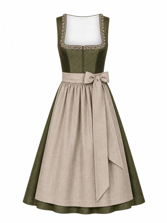 Dirndl Rieke in Sienabraun mit Champagner Schürze - Vorderansicht