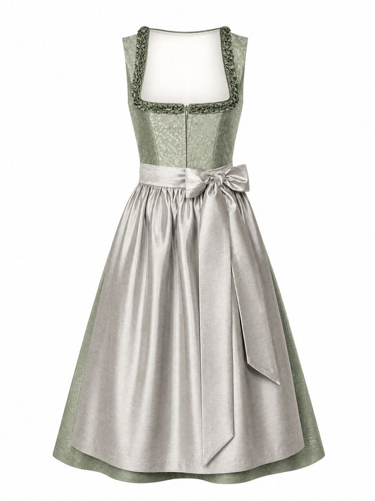 Dirndl Stella in Salbeigrün mit Perlgrau Schürze - Vorderansicht