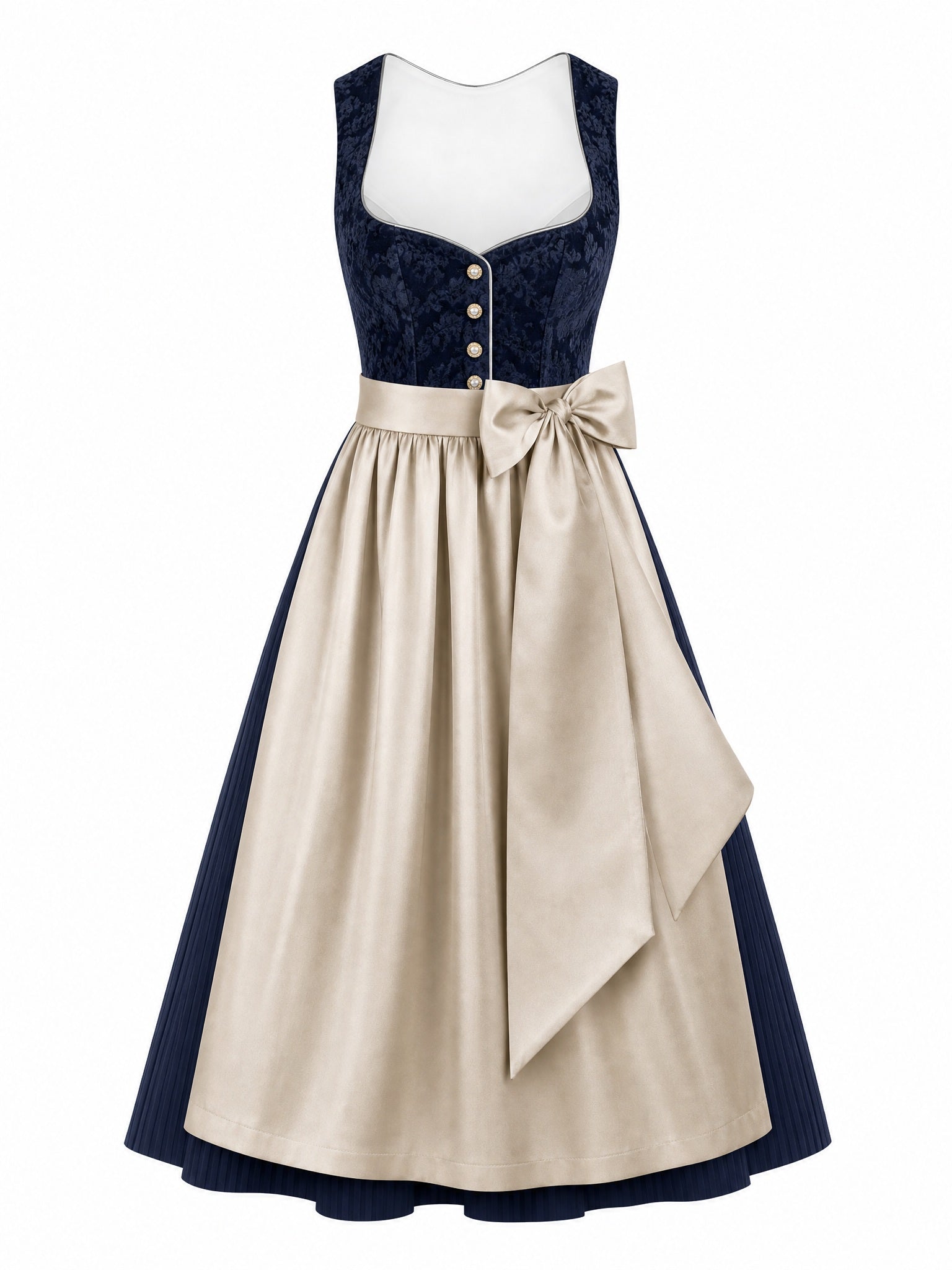 Dirndl Zoe in Mitternachtsblau mit Champagner Schürze - Vorderansicht