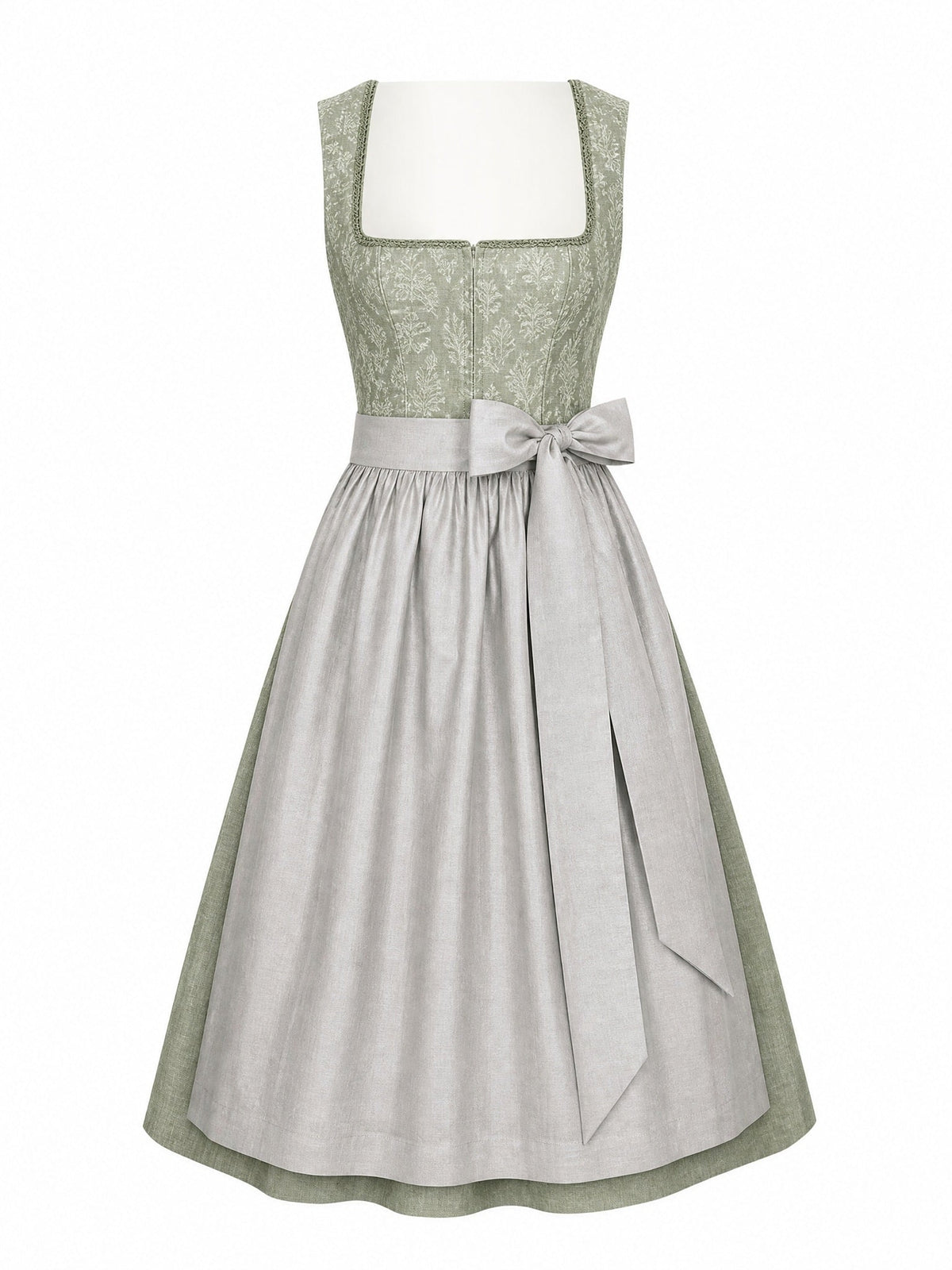 Dirndl Emma in Salbeigrün mit Perlgrau Schürze - Vorderansicht