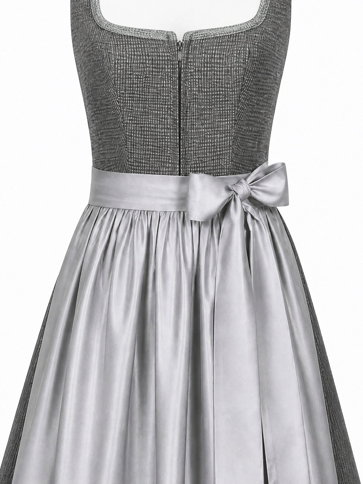 Dirndl Freya in Graphit mit Perlgrau Schürze - Detailansicht Taille und Schleife