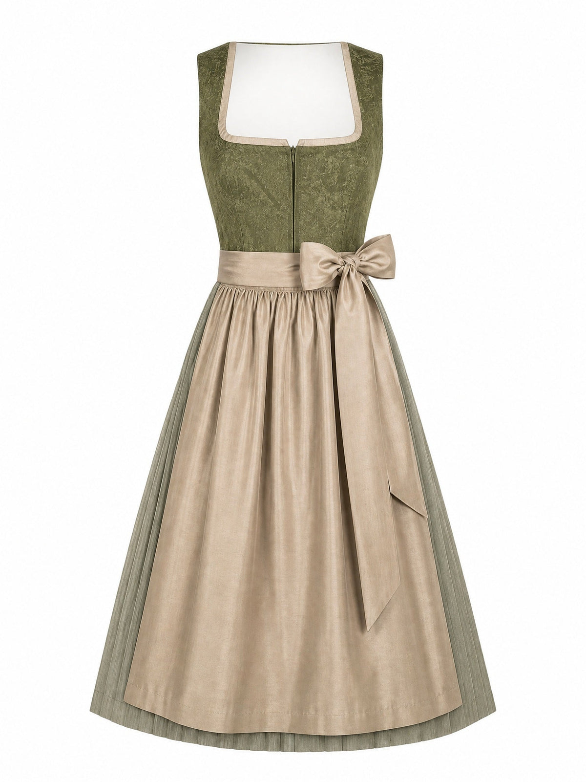Dirndl Isabel in Moosgrün mit Warmer Sand Schürze - Vorderansicht