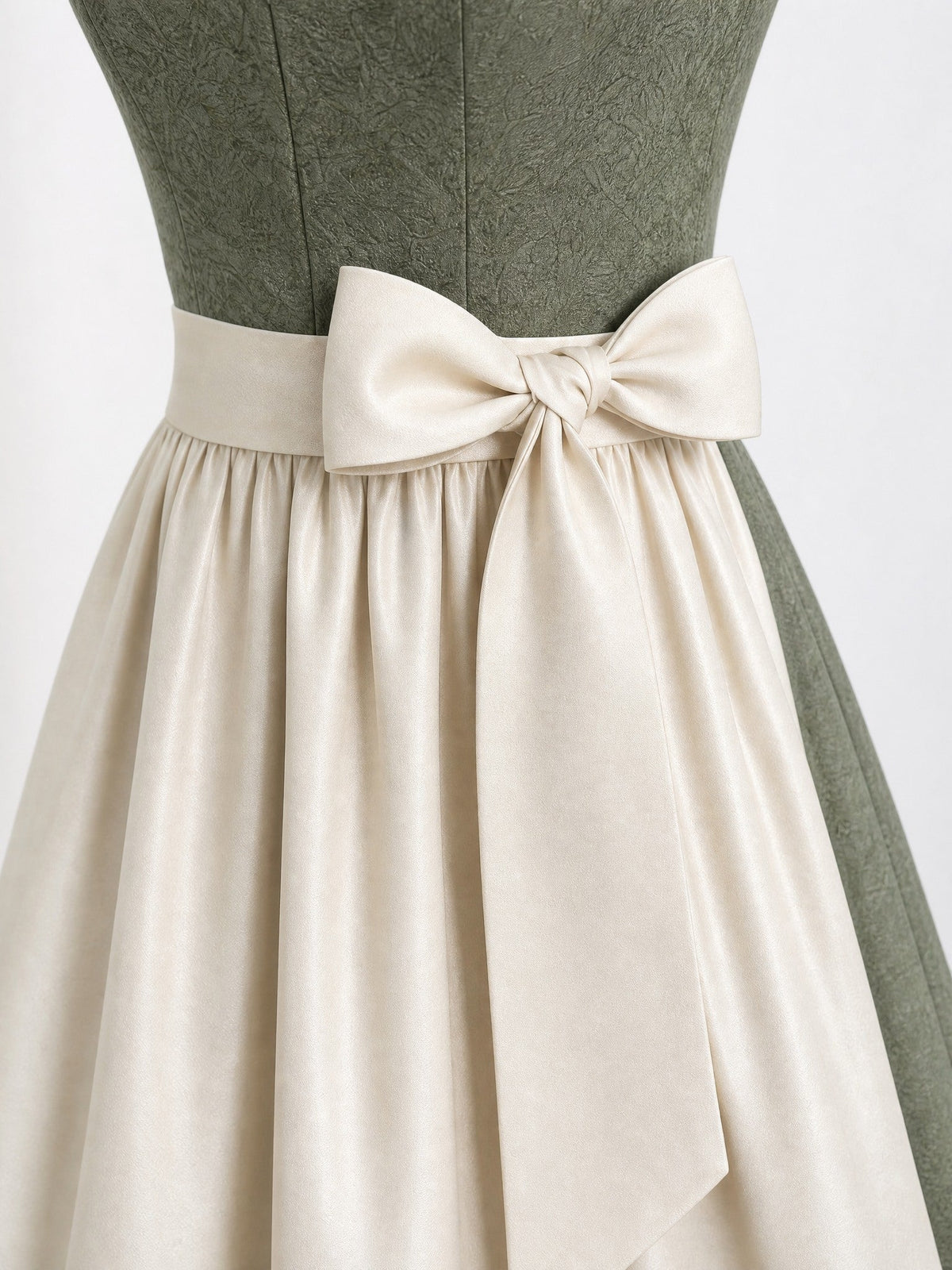 Dirndl Marlene in Mineralgrün mit Elfenbein Schürze - Detailansicht Taille und Schleife