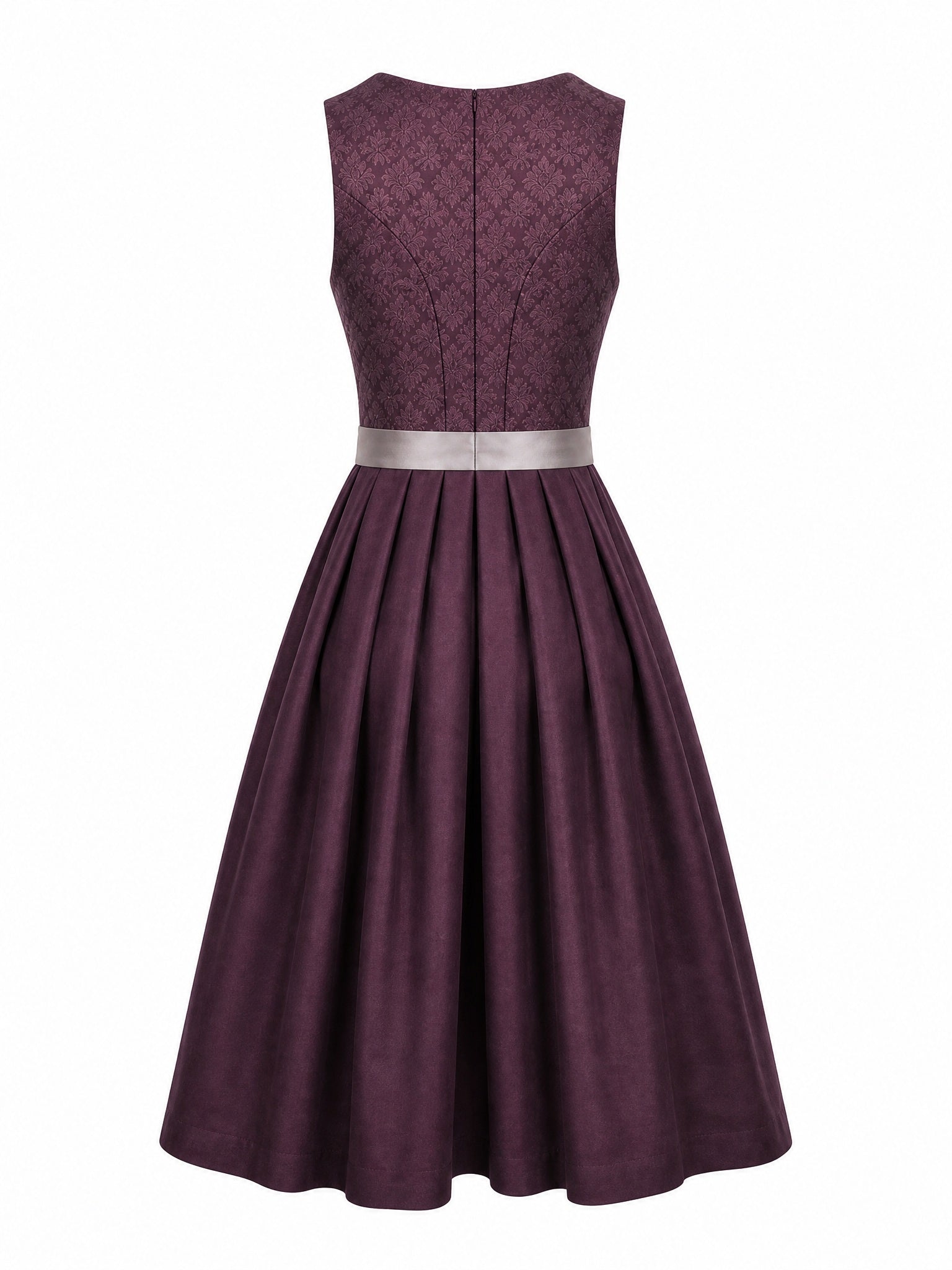 Dirndl Paula in Aubergine mit Perlgrau Schürze - Rückansicht