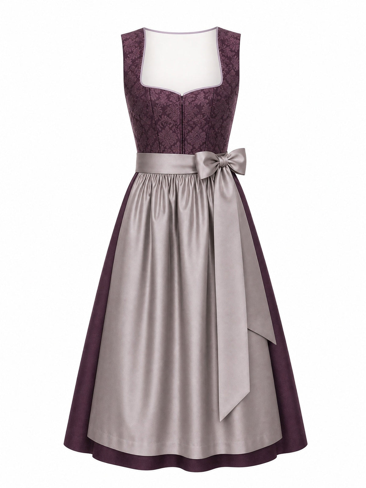 Dirndl Paula in Aubergine mit Perlgrau Schürze - Vorderansicht